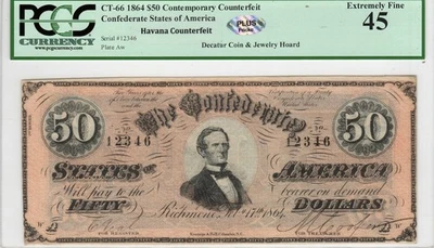 CT-66 496 1864 $50 Contemporary Counterfeit CSA Paper Money - PCGS-C XF 45 PLUS - Image 1 of 2