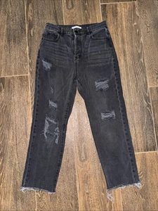 Pacsun Black Straight Leg Jeans Distressed High Rise Raw Hem Womens Size 28 - Picture 1 of 6