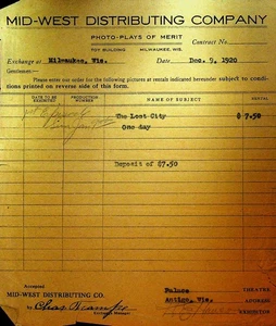 Mid West Distributing Invoice December 9 1920 The Lost City - Picture 1 of 1