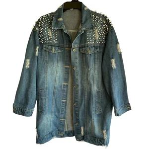 Jiao Ma Hua Pearl Embellished Women’s Denim Jeansjacke Size Large Distressed - Bild 1 von 15
