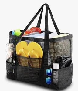 Große schwarze Netz-Strandtasche, 15”x8”x16”, wasserdichte Tasche, Beuteltasche in Familiengröße - Bild 1 von 4