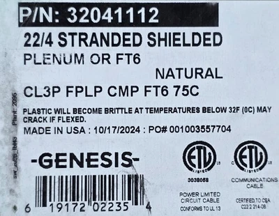 Honeywell Genesis 3204 22/4C Shielded Plenum Control Cable CMP White /100ft - Image 1 of 4