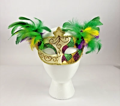 MARDI GRAS Masquerade Venetian Green, Purple, Gold, Jewels & Feather Womens Mask - Image 1 of 4