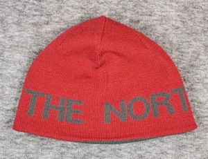 North Face Beanie Hat Youth OS Ski Cap Reversible Gray Red Winter Logo - Picture 1 of 10