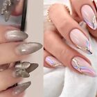 Tips Manicure Full Cover Silver Butterfly Lines French Fake Nails Almond Long