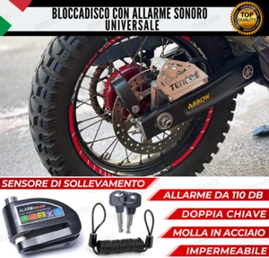 BLOCCA DISCO BLOCCADISCO CON ALLARME MOTO SCOOTER 110 DECIBEL ANTI SOLLEVAMENTO - Picture 1 of 14