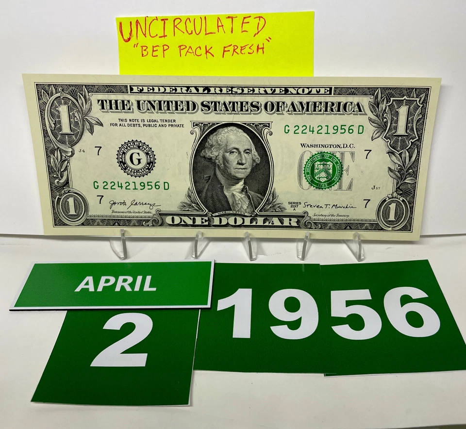 One Dollar Bill Birthday Note April 2 1956. Uncirculated. Fancy Serial Number - Image 1 of 4