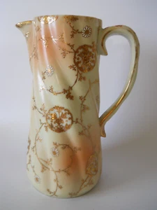 Antique English Swirl Pitcher Blush Shades Raised Gold & Enamel Flowers 8 1/2" - Picture 1 of 12