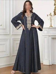 Navy Blue Polka Dot Kaftan Abaya Dress - Islamic Modest Dress - Size 12/XL - Picture 1 of 7