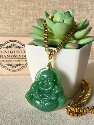 Hermoso collar cadena caja Buda sonriente jade verde buena suerte acabado oro 14k Foto 1 de 4