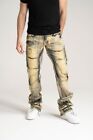 Taker Premium Stack Jeans With Multiple Continuous Rip/Repair Taupe Size 38