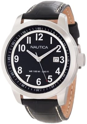 Reloj clásico analógico con fecha Nautica N13604G para hombre - esfera negra correa de cuero negro Foto 1 de 2