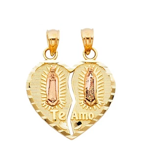 GOLD -14K 2 Tone Lady of Guadalupe Heart Te Amo Charm Pendant For Necklace Chain - Picture 1 of 4