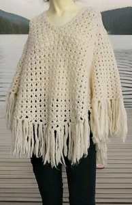 VTG Marshall Field & Company Ivory Wool Poncho Hippie Fringe Sweater S/M - Picture 1 of 16