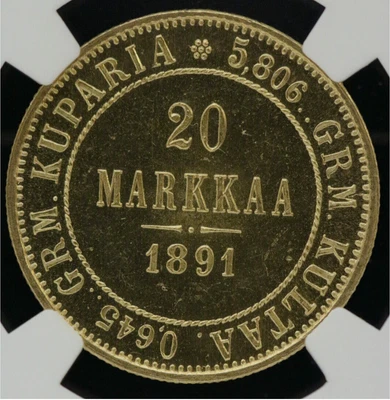 💎 Rare! Finland 20 Markkaa Gold 1891 L MS64+  PL Proof Like, only 1 higher! - Image 1 of 4