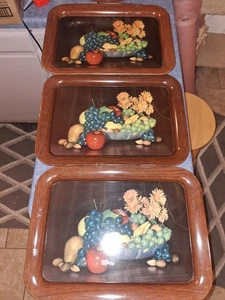 Set of 3 Metal TV TRAYS Vintage Grapes Fruit Basket Brown Lap Serving Dining - Picture 1 of 4