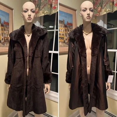 Brand New 34" Knee Length Brown Real Sheared Mink Fur Reversible Jacket Coat 6/8 - Image 1 of 4