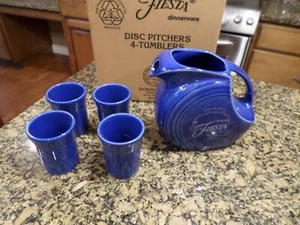 RETIRED Fiestaware Fiesta Sapphire Blue Anniversary Disc pitcher & 4 tumblers NU - Picture 1 of 6