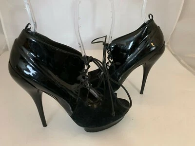 VERSACE 128120 BLACK PATENT LEATHER LACE UP PLATFORM PEEP TOE BOOTIE SZ 39 - Image 1 of 4
