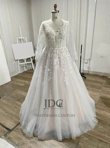 Classic Lace Wedding Dress Bridal Gown Custom made 2-28W Blush Pearls Sleeves - Picture 1 of 7