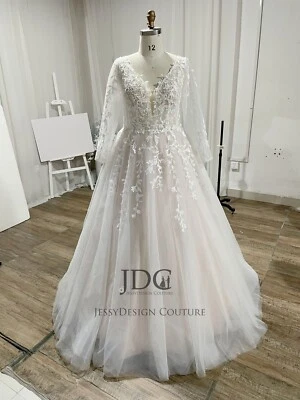 Classic Lace Wedding Dress Bridal Gown Custom made 2-28W Blush Pearls Sleeves - Image 1 of 4