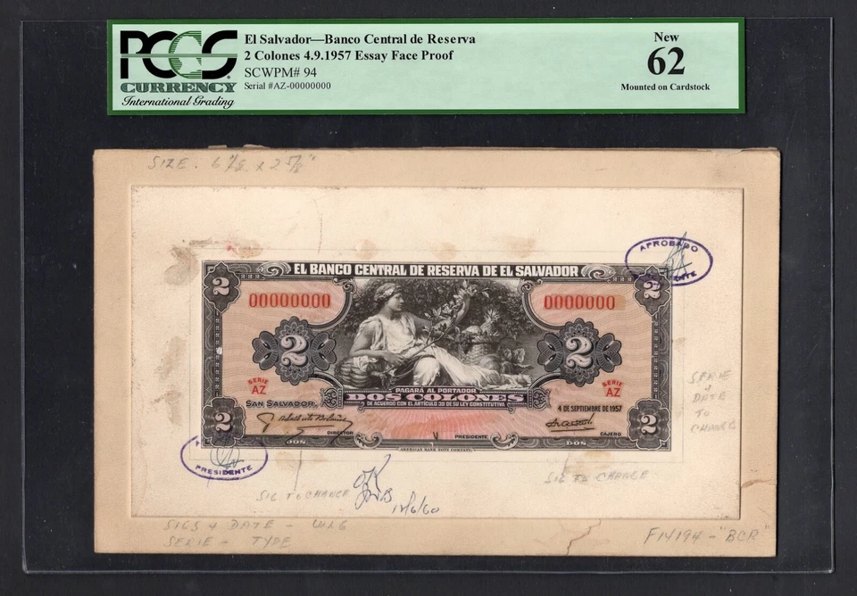 El Salvador Face Essay 2 Colones 4-9-1957 P94 Proof Uncirculated Grade 62 - Image 1 of 2