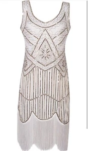 BABEYOND WOMENS DRESS SIZE LARGE WHITE & GOLD 1920 GREAT GATSBY COCKTAIL PARTY - Picture 1 of 3
