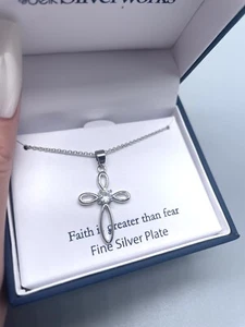 Belk Silverworks Silver Plated Rhinestone Cross Charm Cable Chain Necklace - Picture 1 of 9