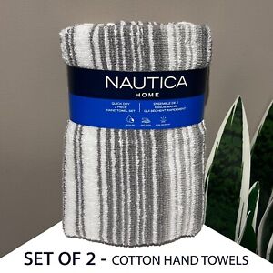 SET OF 2 NAUTICA HOME Hand Towels White Blue Herringbone Striped OR Gray Striped