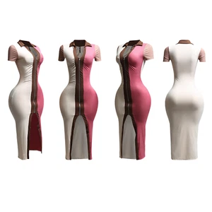 Women’s Ribbed Polo Collar Bodycon Dress Short Sleeve Slit Midi - Picture 1 of 5