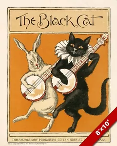 GATO NEGRO Y CONEJO JUGANDO UN BANJO MASCOTA ANIMAL ARTE PINTURA IMPRESIÓN EN LIENZO REAL - Imagen 1 de 4