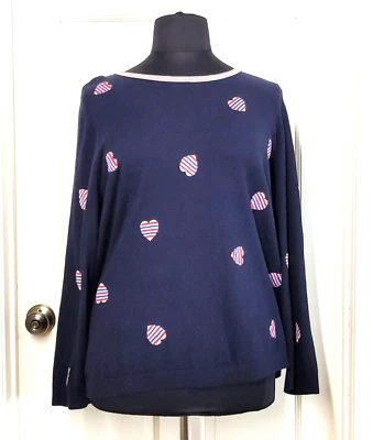 Talbots Patriotic Hearts Sweater Pullover Cotton Knit Navy Cotton Blend Plus 2x - Image 1 of 4