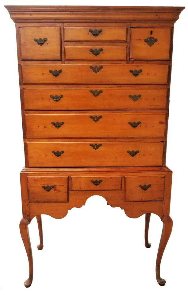 18th C. Queen Anne American Maple New England High Boy Flat Top, Rhode Island - Image 1 of 4