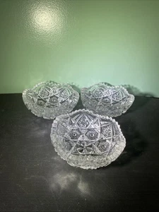 3 Antique PRES Cut Crystal Clear Glass Bowls 4 Inches Hobnail Daisy Pattern - Picture 1 of 9