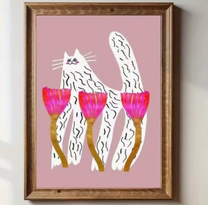 Art Canvas Cat & Pink Flowers Wall Art Print - Modern Classic Art Deco Unframed - Picture 1 of 2