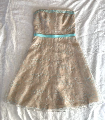 Vintage Laundry by Shelli Segal Beige Blue Strapless Embroidery Cocktail Dress 6 - Image 1 of 4