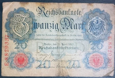 AK 1910 Germany 20 Mark Banknote, Berlin, Reich Banknote, Old Currency - Image 1 of 4