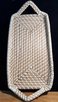 BOHO Beach Natural Seagrass  Hand Woven White Cording Basket/Tray Open Handles - Image 1 of 4