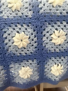 Granny Square Crochet BLUE White Afghan Handmade Blanket 3D Flowers 70x46 VTG - Picture 1 of 3
