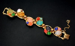 Brazalete de eslabones raro tono dorado tallado escarabajo múltiples cabujones de piedras preciosas - Imagen 1 de 11
