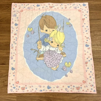 Vintage Precious Moments Boy Girl Swinging Quilted Blanket Pastel Butterfly - Image 1 of 4
