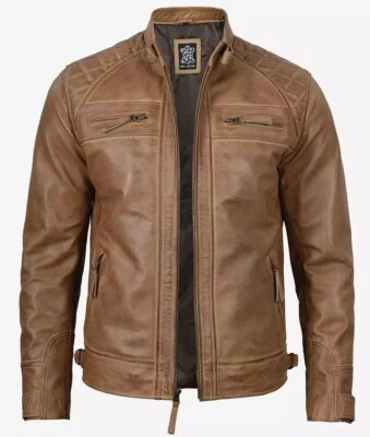 Men's Quilted Stylish Moto Biker Racer Real Camel Brown Sheepskin Leather Jacket - Image 1 of 4