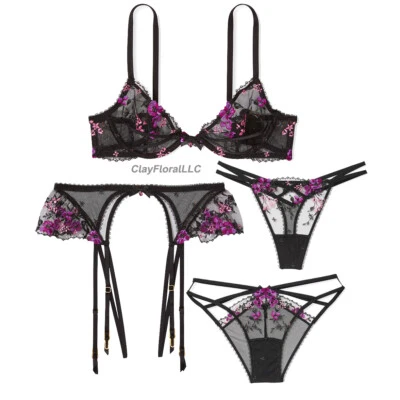 Victoria's Secret очень сексуальный бюстгальтер комплект кружева без подкладки вышивка цветочный черный трусики - Изображение 1 из 4