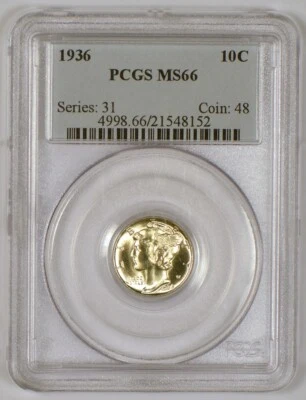 1936 Mercury Dime Silver Coin from the Philadelphia Mint, Graded MS66 by PCGS - Image 1 of 4