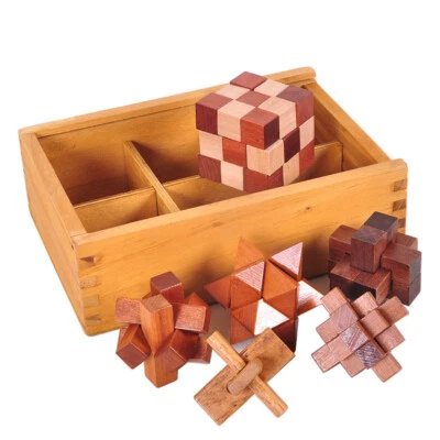 6Pcs/Set Brain Teaser Kong Ming Lock 3D Wooden Interlocking Burr Puzzle Toy Gift — 第 1/4 张图片