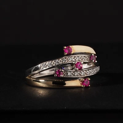 Modern Pink Ruby & Diamond 9ct Yellow & White Gold Ring Wrap Bypass Size N.5 / 7 - Image 1 of 4