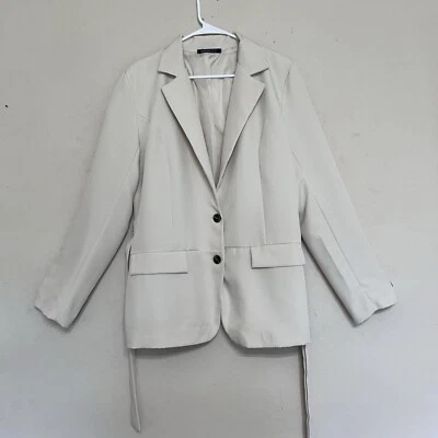 Boohoo Blazer Women’s Size US 12 (UK-16) Ivory Belted Single Breasted Career - Image 1 of 4