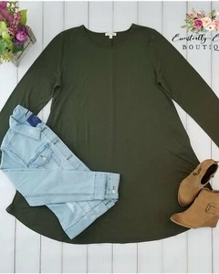 Olive Long Sleeve Round Hem A-Line Dress with Pockets - Picture 1 of 2