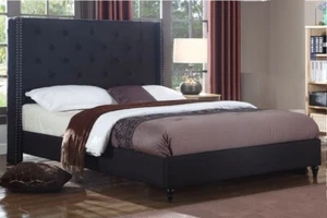 Black Color Fabric Contemporary Design Bedroom Home Furniture Queen Size 1pc Bed - Picture 1 of 2