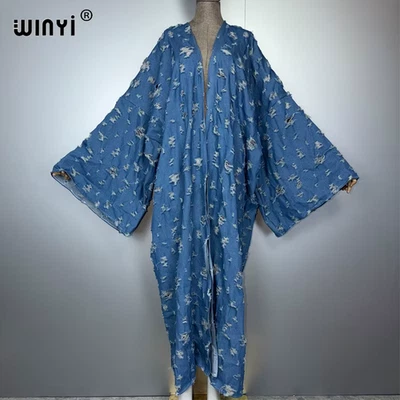 Africa Broke Hooded Denim Cardigan for Women Fashion Hollow Long down Coat Swims - Image 1 of 4